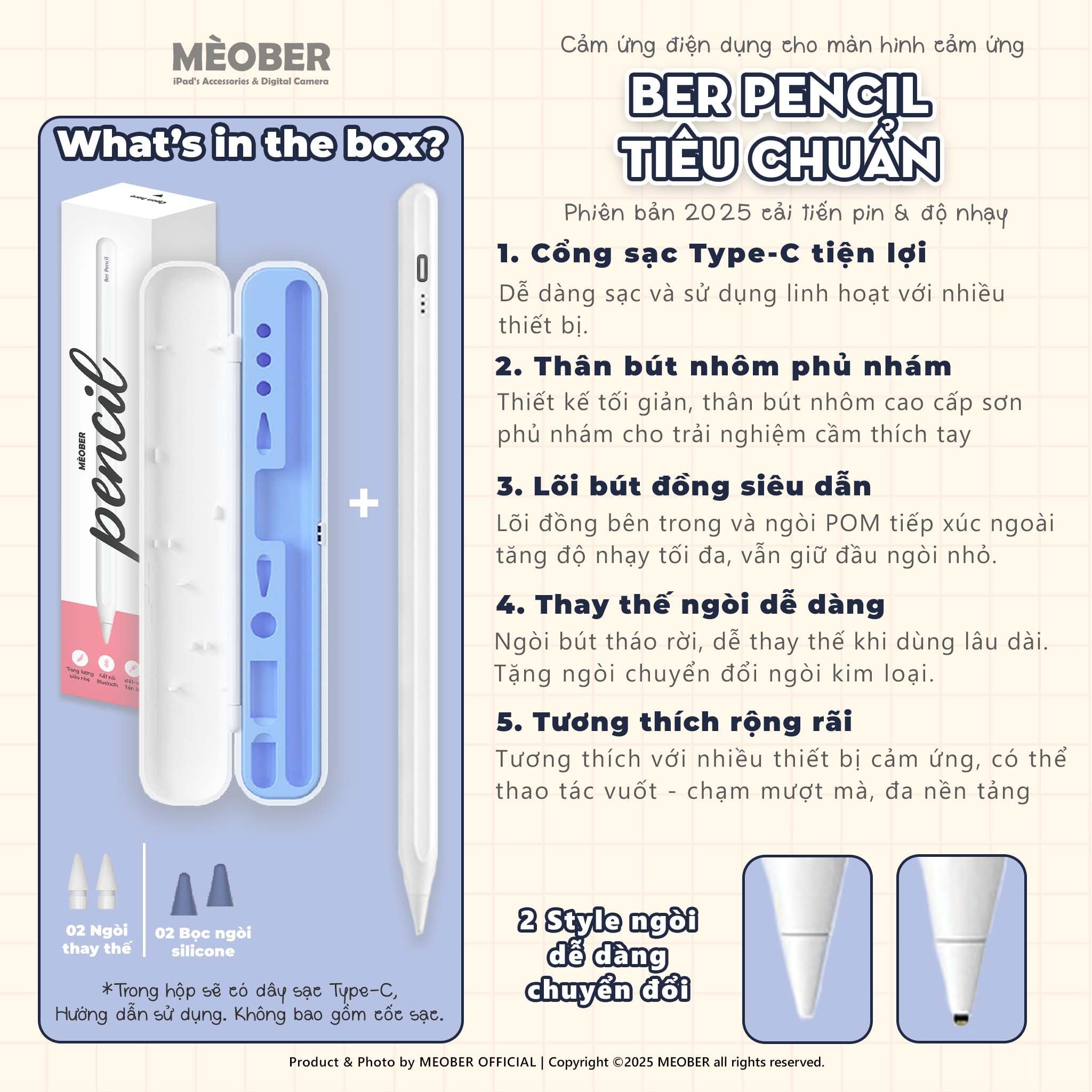  [2025] Bút cảm ứng BerPencil Pro M4/Air6 dành cho iPad - Chống chạm nhầm, scribble, sạc nam châm thế hệ mới by MèoBer 