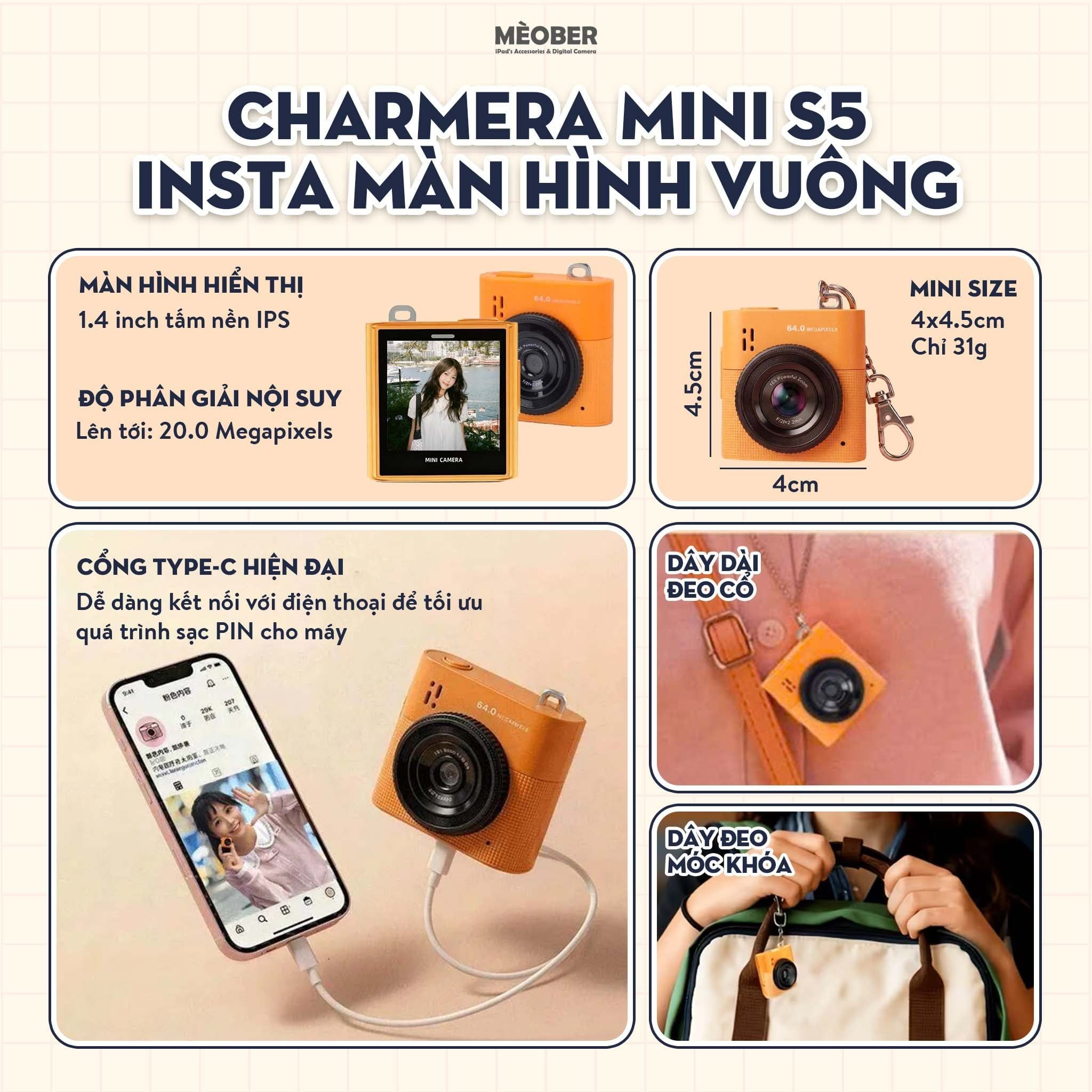  Máy Ảnh Móc Khóa Series Charmera Mini S5 Insta & A5 Polaroid ZooFamily – Chụp 64MP, quay video, filter & sticker độc quyền Y2K by MèoBer 