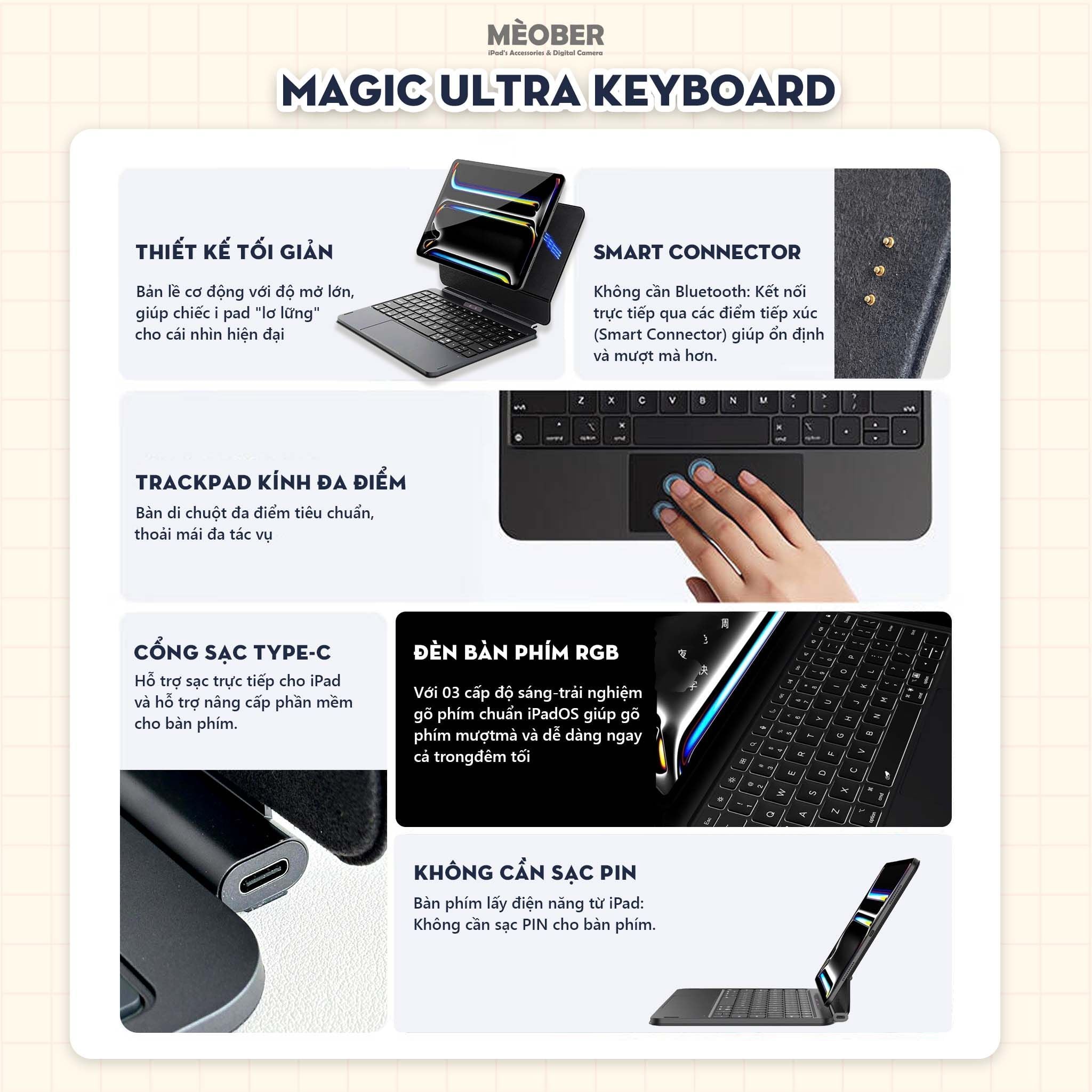  [2026] Bao Da Kèm Bàn Phím Magic Pro Keyboard cho iPad by MèoBer dành cho iPad Pro 11, Pro 12,9inch, M1 M2 M4 