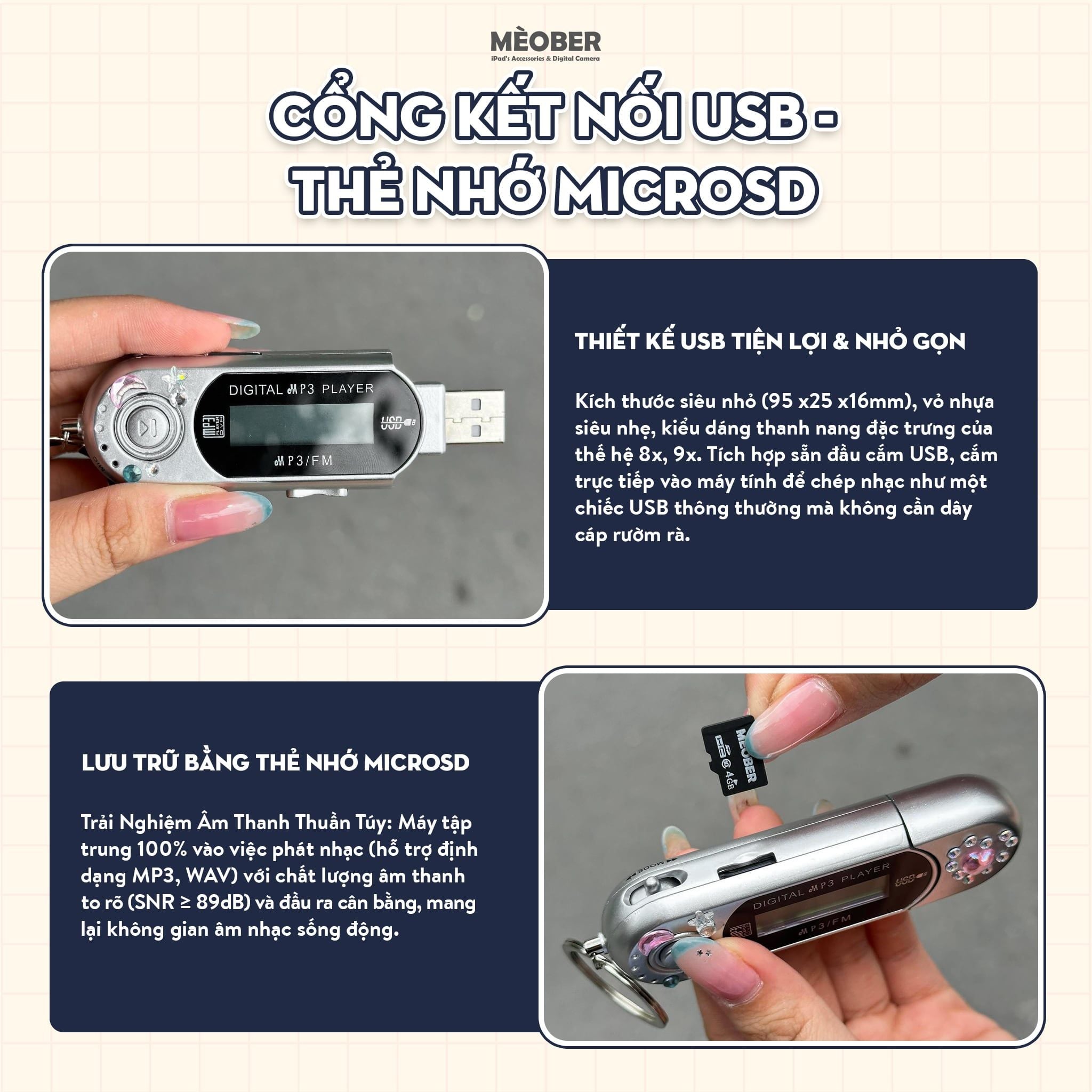  Máy nghe nhạc MP3 kỹ thuật số mini, màn hình LCD, hỗ trợ nghe Đài FM, lắp thẻ nhớ, vibe Y2K by MèoBer 