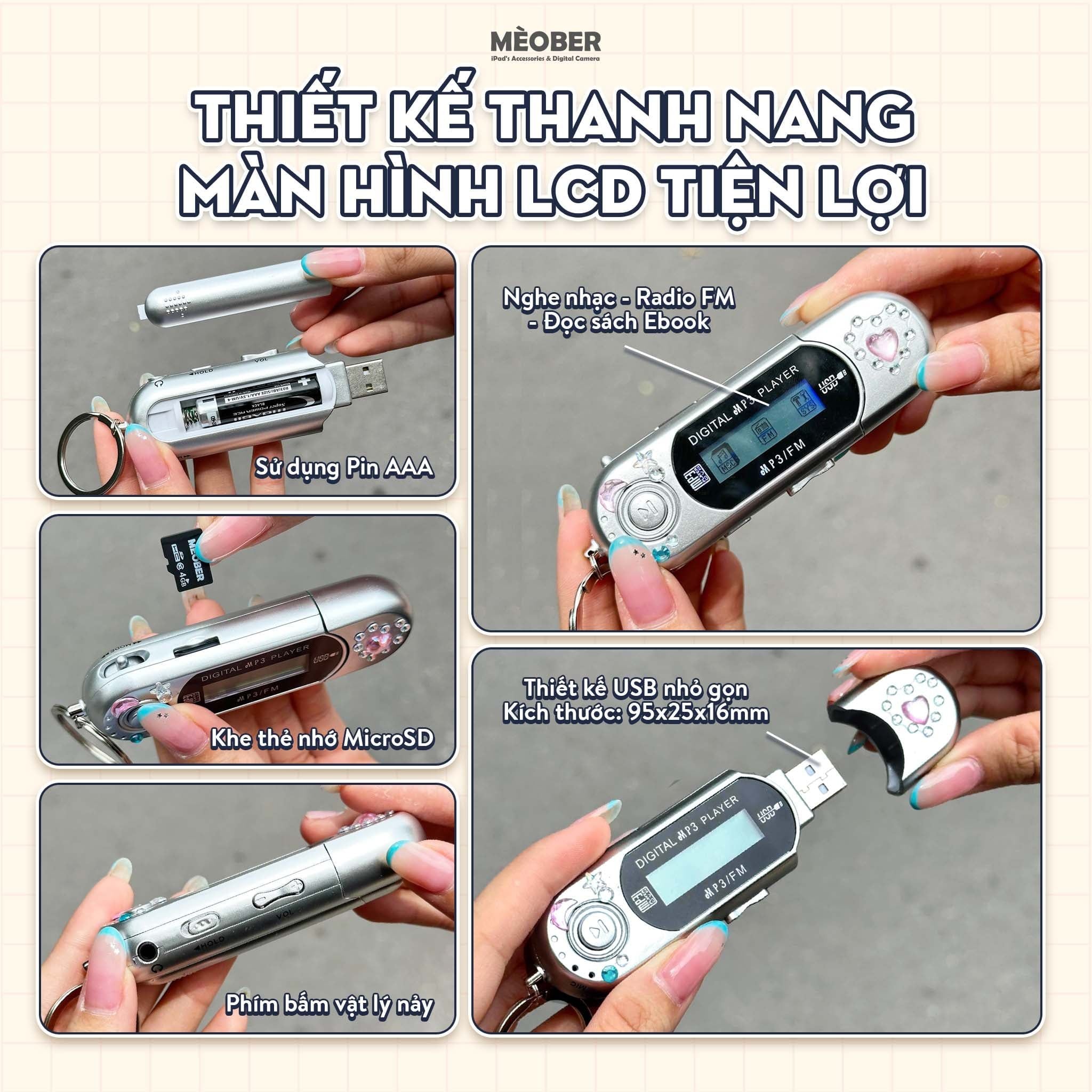  Máy nghe nhạc MP3 kỹ thuật số mini, màn hình LCD, hỗ trợ nghe Đài FM, lắp thẻ nhớ, vibe Y2K by MèoBer 