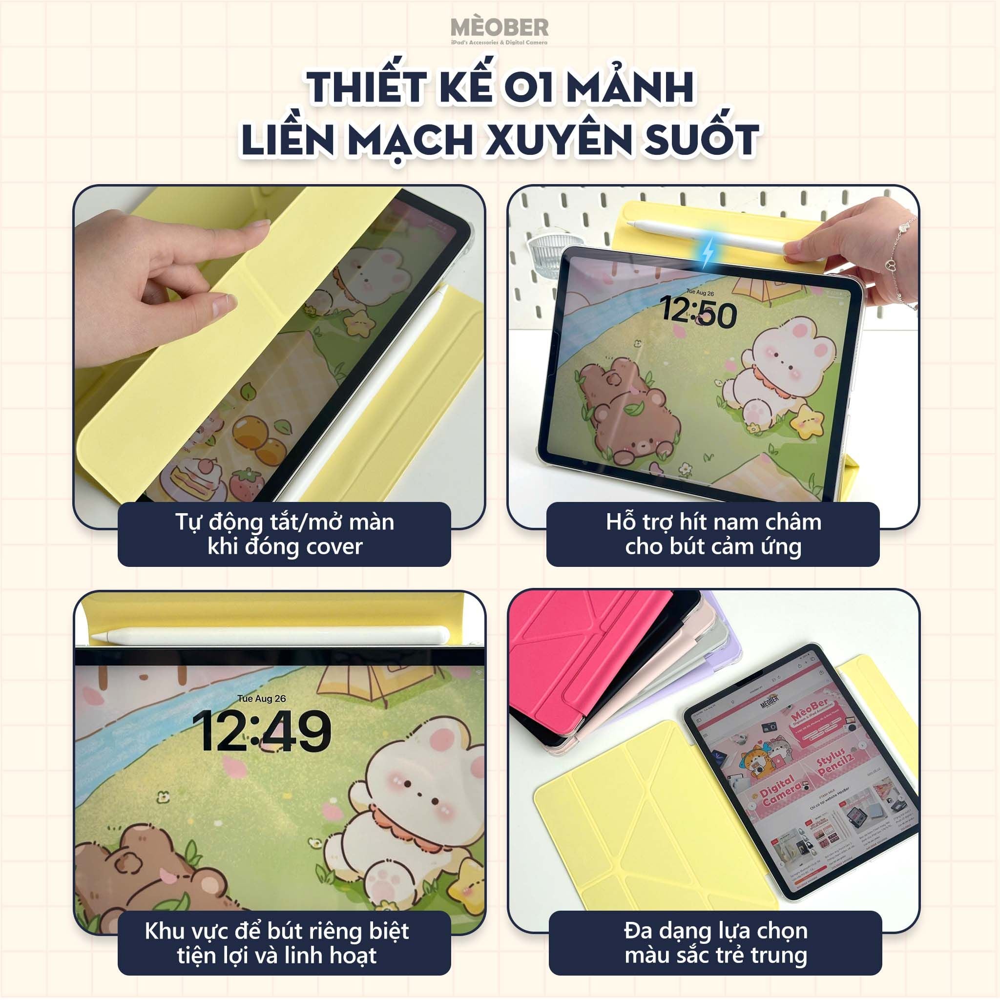  Bao da iPad nam châm Slim Magnetic - Siêu mỏng hít lưng iPad, có viền bảo vệ dành cho Pro M1/M2, M4, Air 4/5/6, Gen 10/11 A16, Mini 6/7 by MèoBer 