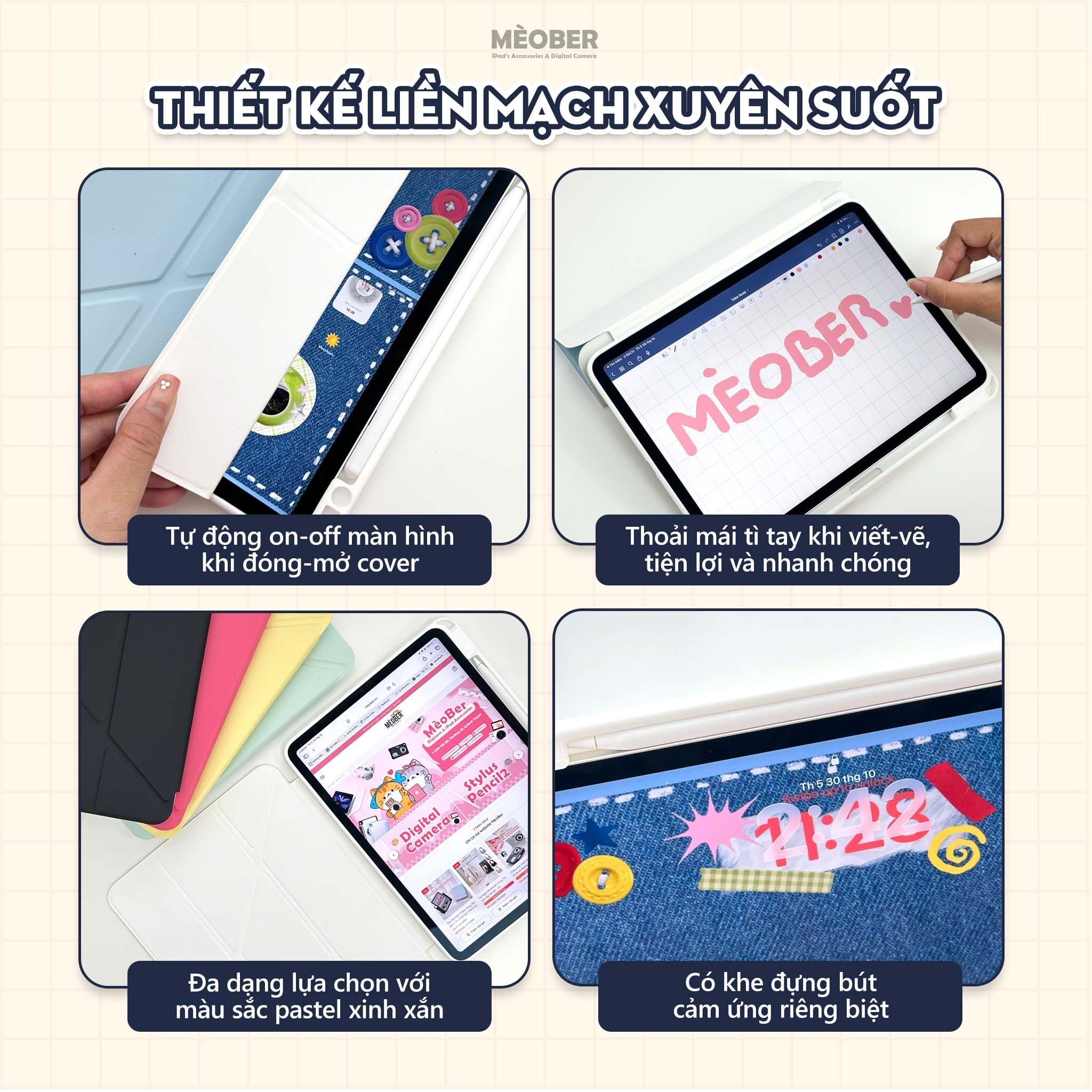  Bao da iPad Origami Pastel, gấp xếp xoay 360 cho Pro 11, Mini 6/7, Air 4/5/6/7, Gen10/11 A16, Pro M4 - lưng trong viền đồng màu by MèoBer 