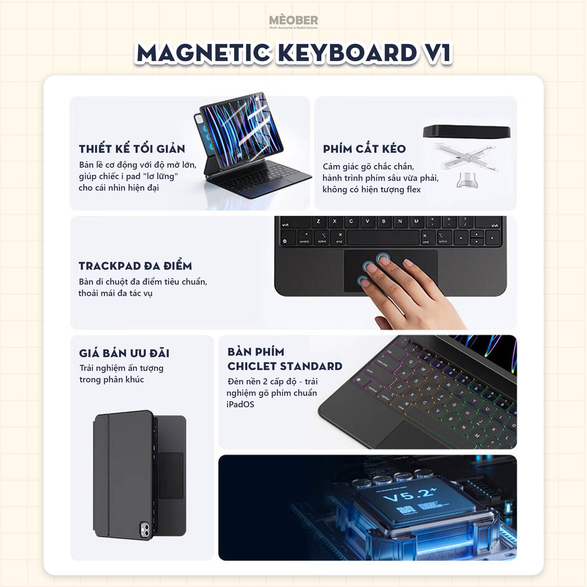  Bao Da Kèm Bàn Phím Magnetic Keyboard cho iPad Air 4/5/6/7, Pro 11 12,9, Pro M4, Gen 10/11 A16 by MèoBer 