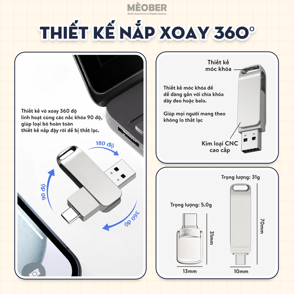 Bộ nhớ lưu trữ mở rộng di động cho điện thoại, iPad, Laptop - USB 3.0 FlashDrive Dual-Connect by MèoBer 