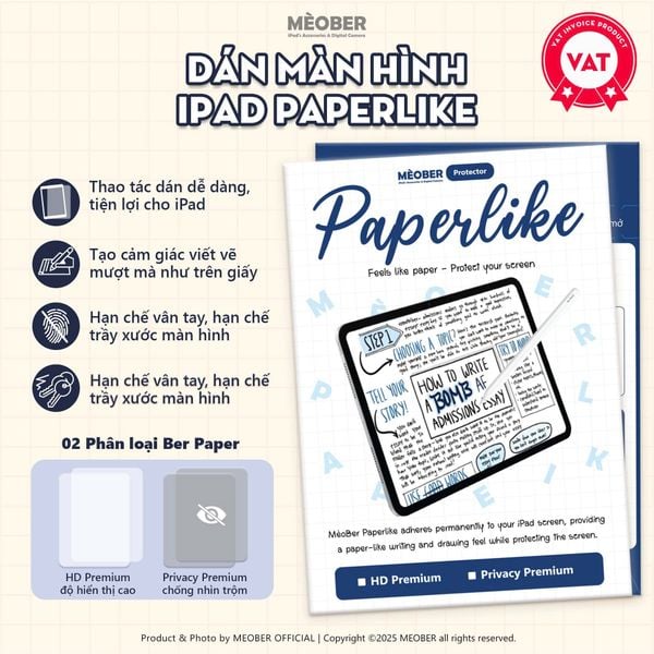  Dán màn hình iPad Paperlike Nhám - Viết vẽ như trên giấy, chống chói, hạn chế ánh sáng xanh dành cho Pro M1/M2, M4, Air 4/5/6, Gen 10/11 A16, Mini 6/7 Pro M1/M2, M4, Air 4/5/6, Gen 10/11 A16, Mini 6/7 Ber Paper by MèoBer 