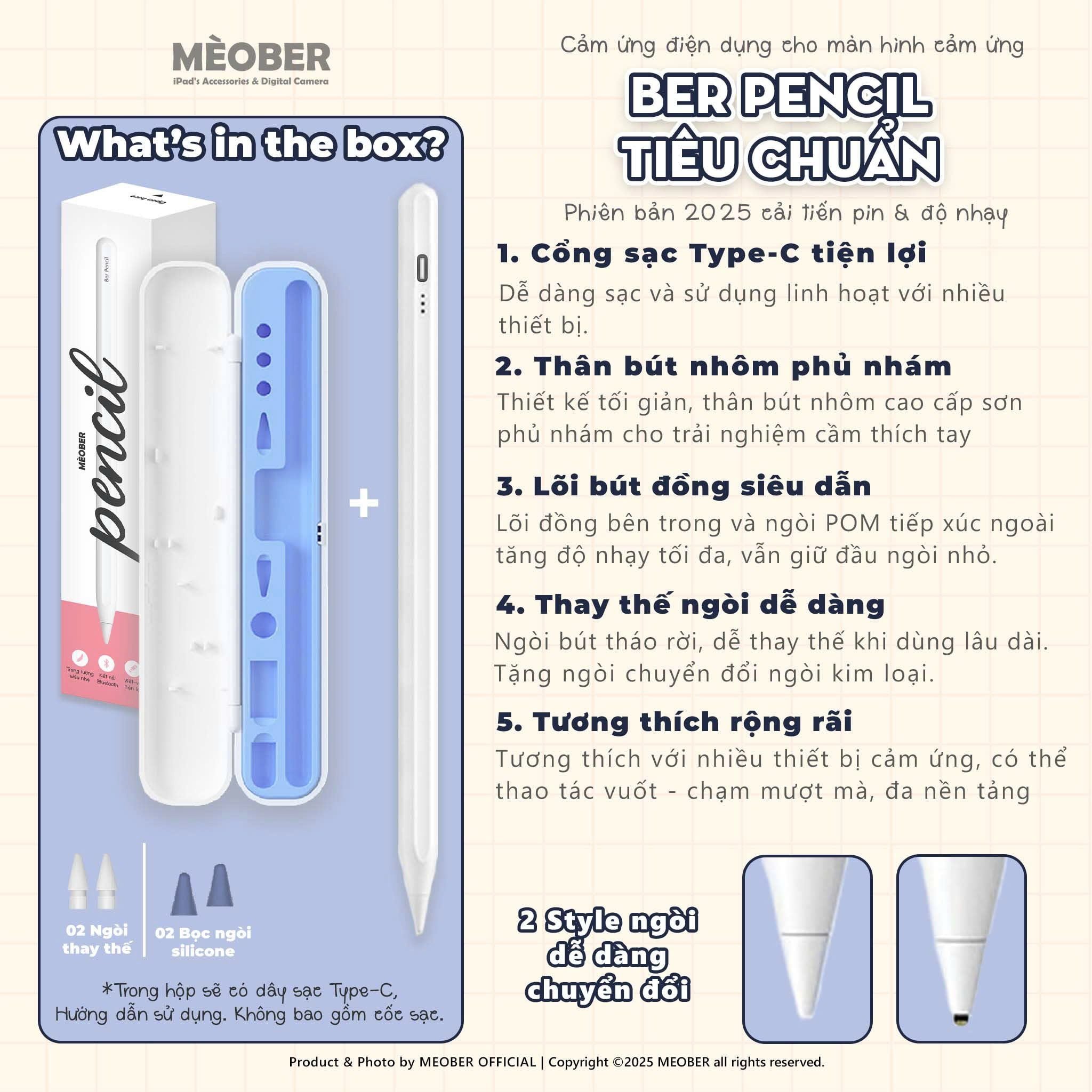  [New 2025] Bút cảm ứng BerPencil Pro Max dành cho iPad - Chống chạm nhầm, scribble, chuyển tẩy/ bút by MèoBer 