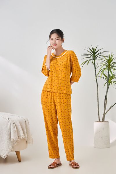 A451142514 - Bộ dài mặc nhà tay lỡ cổ tim viền Lanh hoa mềm mại, thoáng mát