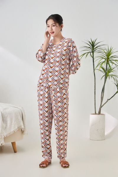 A451142514 - Bộ dài mặc nhà tay lỡ cổ tim viền Lanh hoa mềm mại, thoáng mát
