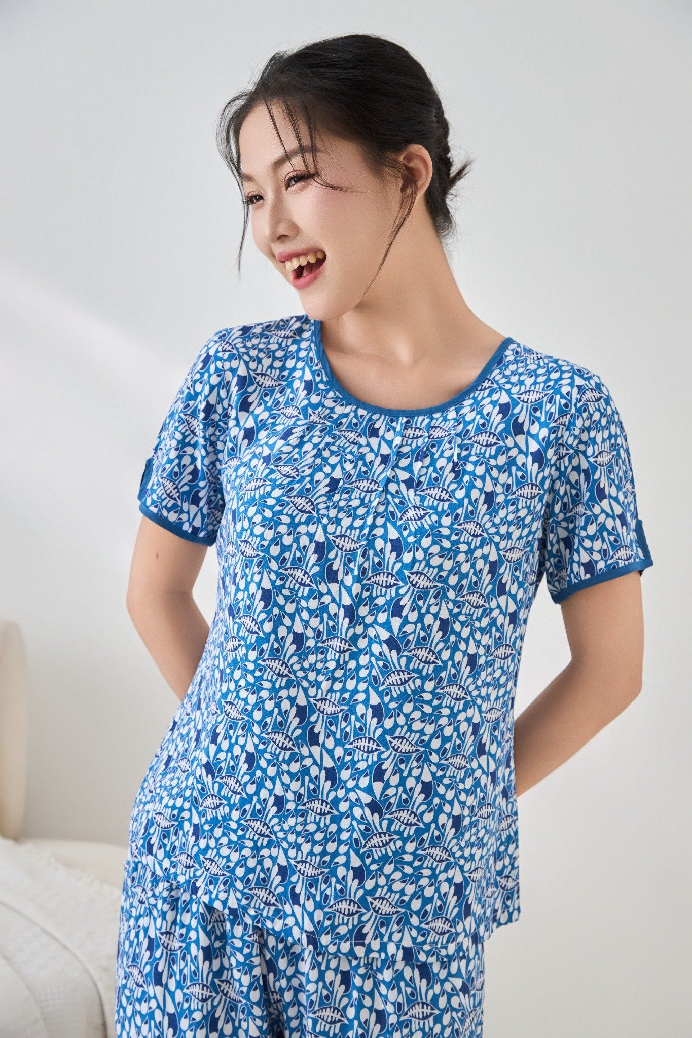 A441142501 - Bộ lửng mặc nhà Ailai chất lanh hoa mềm mại, thoáng mát