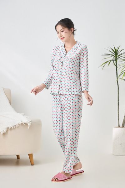 A451142513 - Bộ dài mặc nhà Ailai Lanh hoa cổ sen 2 lớp thoáng mát, mềm mại