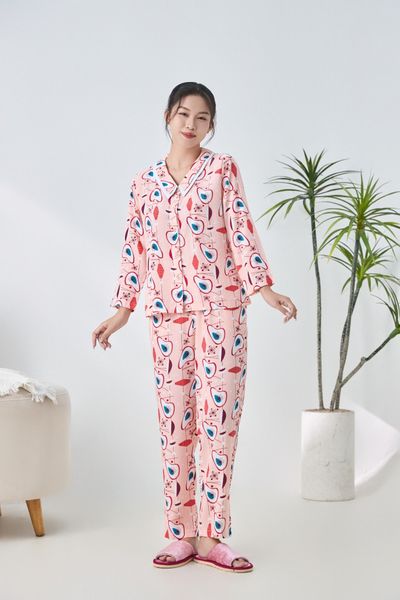 A451142513 - Bộ dài mặc nhà Ailai Lanh hoa cổ sen 2 lớp thoáng mát, mềm mại