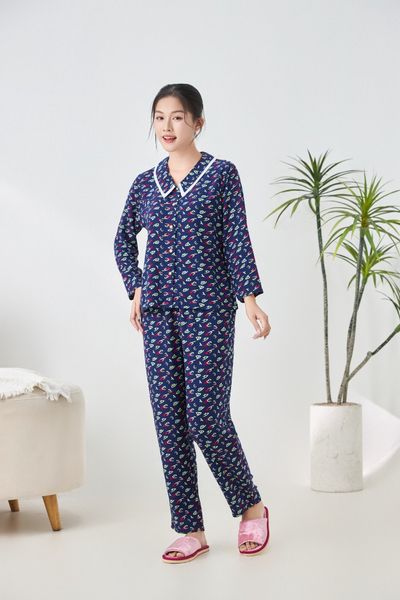 A451142513 - Bộ dài mặc nhà Ailai Lanh hoa cổ sen 2 lớp thoáng mát, mềm mại