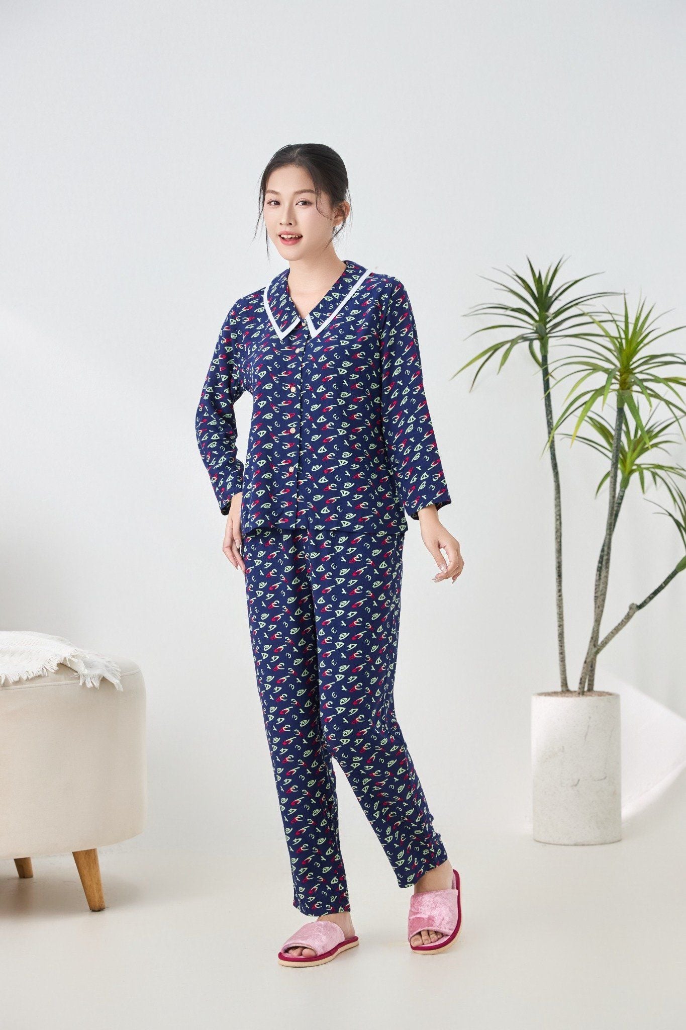 A451142513 - Bộ dài mặc nhà Ailai Lanh hoa cổ sen 2 lớp thoáng mát, mềm mại