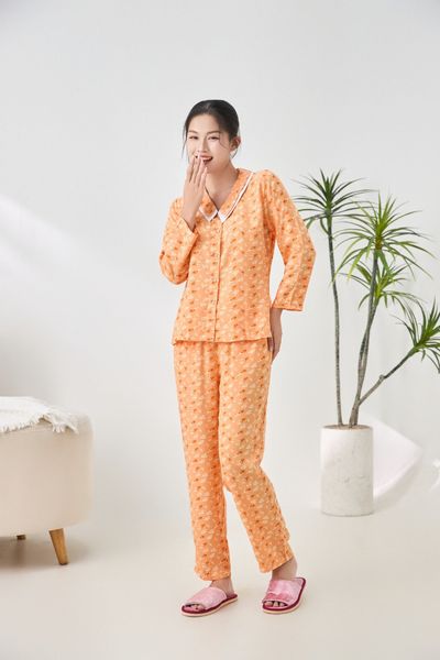 A451142513 - Bộ dài mặc nhà Ailai Lanh hoa cổ sen 2 lớp thoáng mát, mềm mại