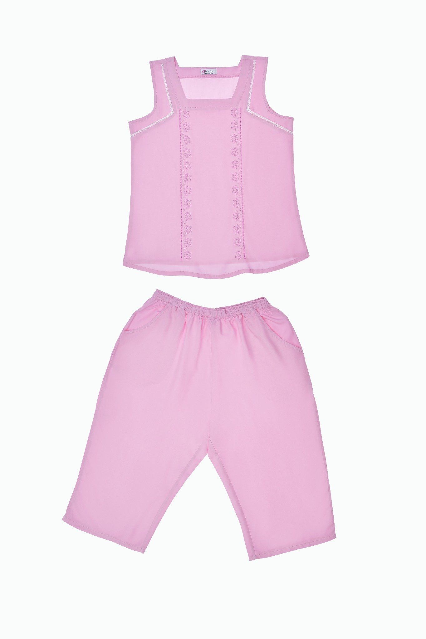 Q44128020 - Đồ bộ mặc nhà bộ lửng RAYON màu thêu, cổ chữ U