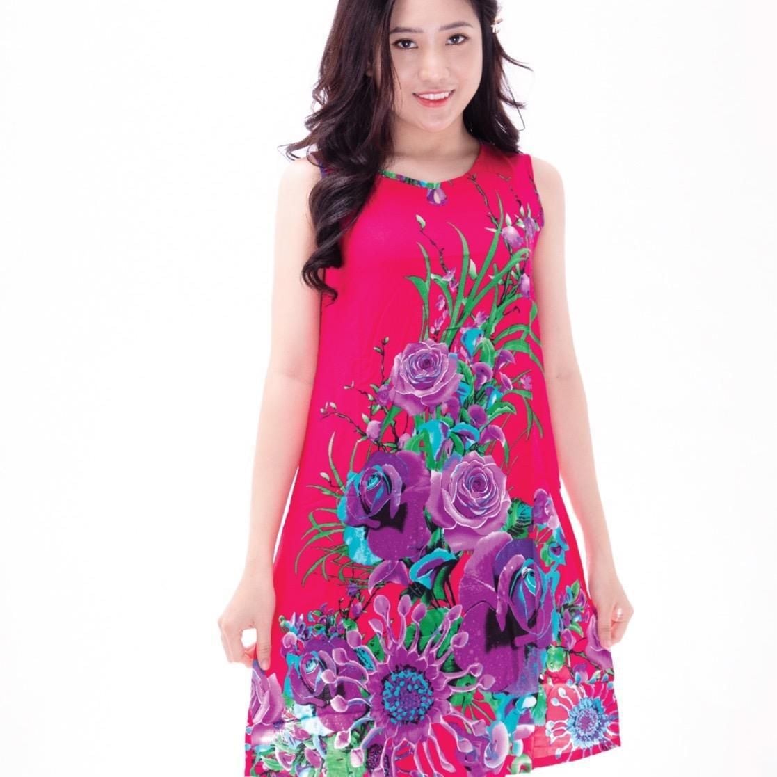 Q47118010 - Đầm mặc nhà dáng xuông vải hoa chất lanh mềm mại thoáng mát