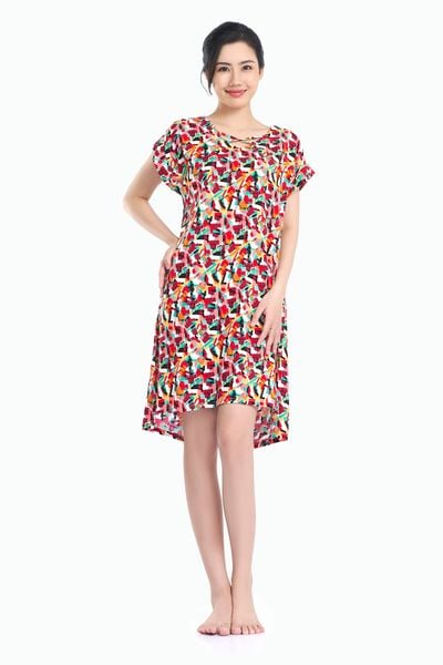  A47118040 - Đầm mặc nhà tole/ lanh/ viscose/ Rayon cao sấp in hoa, cổ tim 