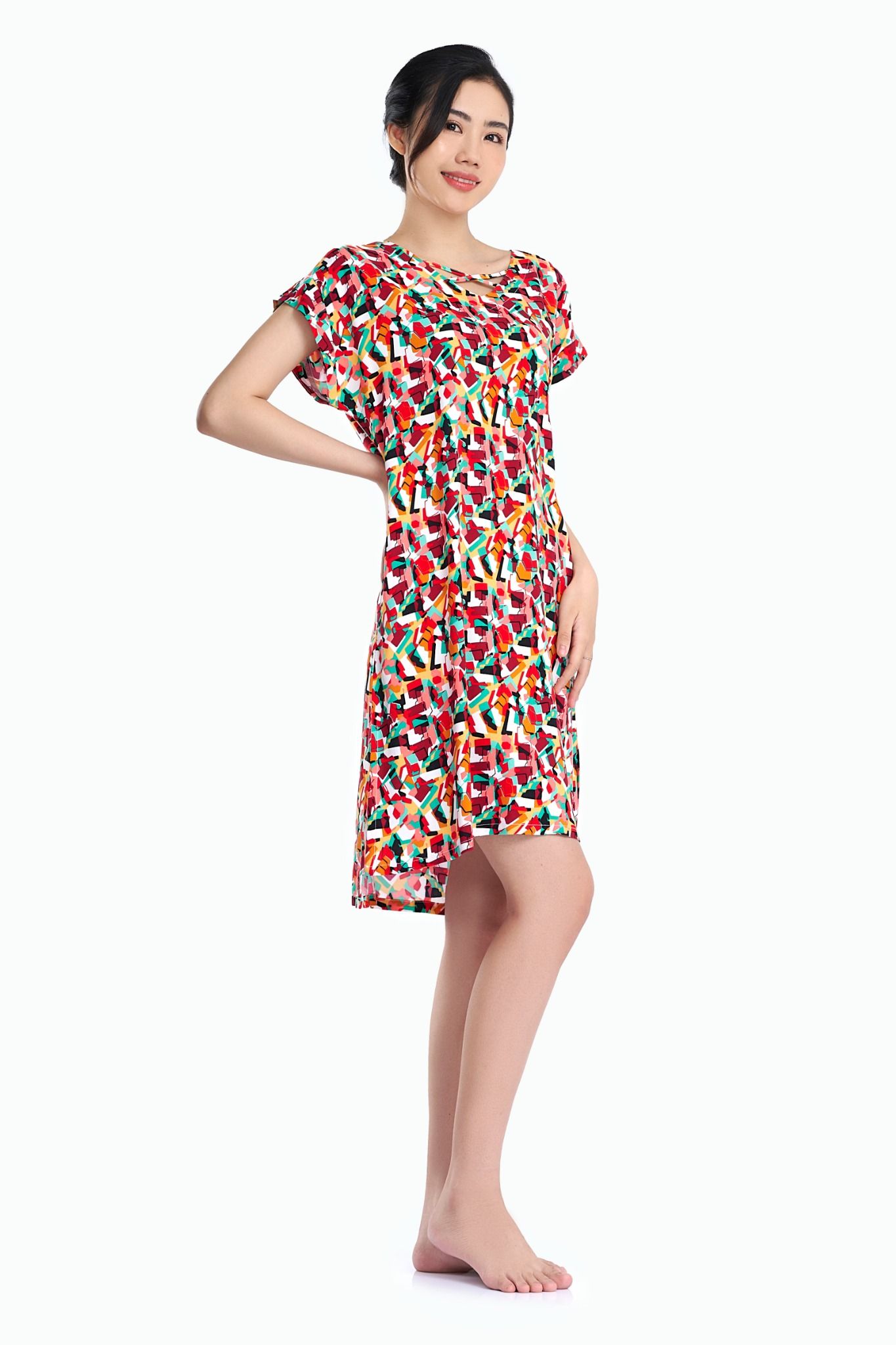 A47118040 - Đầm mặc nhà tole/ lanh/ viscose/ Rayon cao sấp in hoa, cổ tim