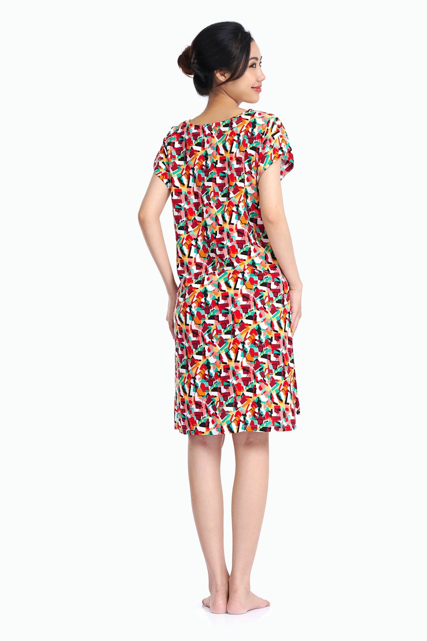 A47118040 - Đầm mặc nhà tole/ lanh/ viscose/ Rayon cao sấp in hoa, cổ tim