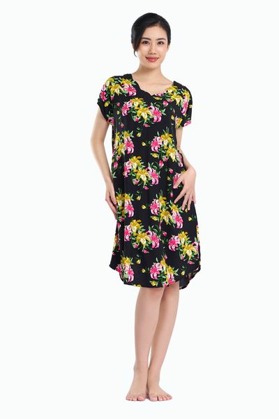 Q47119020 - Váy nữ mặc nhà tay cánh dơi dáng rộng vải Rayon hoa