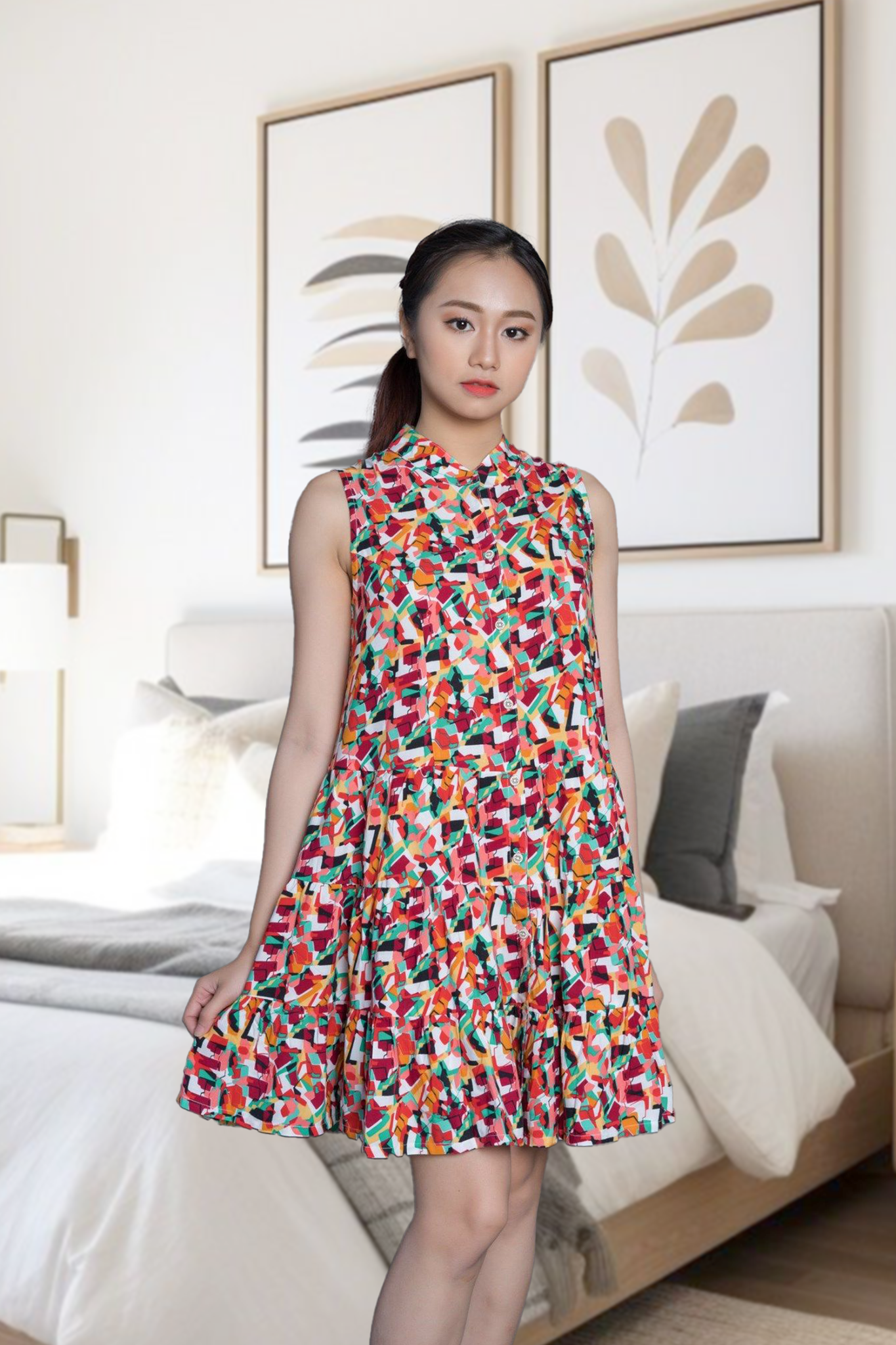 A47118090 - Đầm mặc nhà TOLE (LANH) cài nút  họa tiết đơn giản