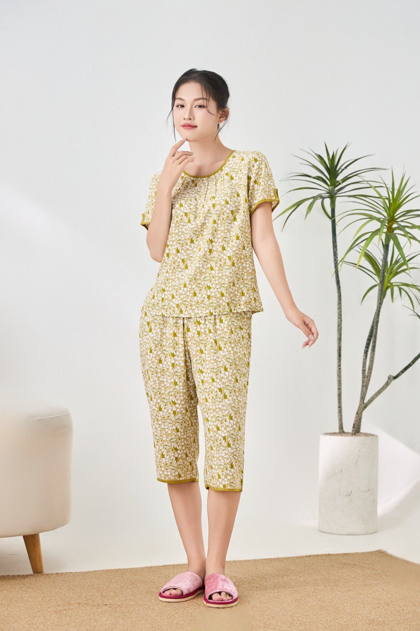 A441142501 - Bộ lửng mặc nhà Ailai chất lanh hoa mềm mại, thoáng mát