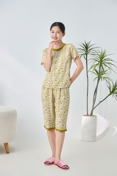 A441142502 - Bộ lửng mặc nhà Ailai cổ tròn xẻ V chất Lanh hoa mềm mại, thoáng mát