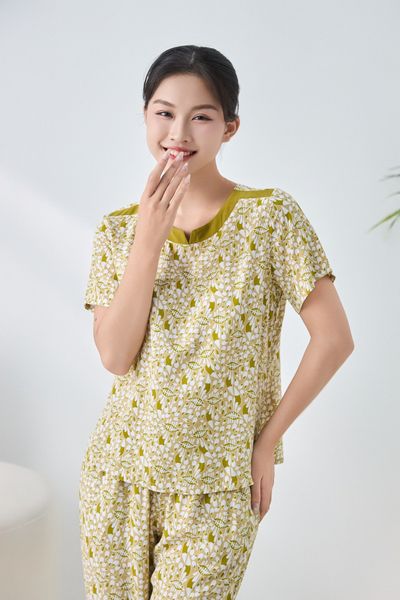 A441142502 - Bộ lửng mặc nhà Ailai cổ tròn xẻ V chất Lanh hoa mềm mại, thoáng mát