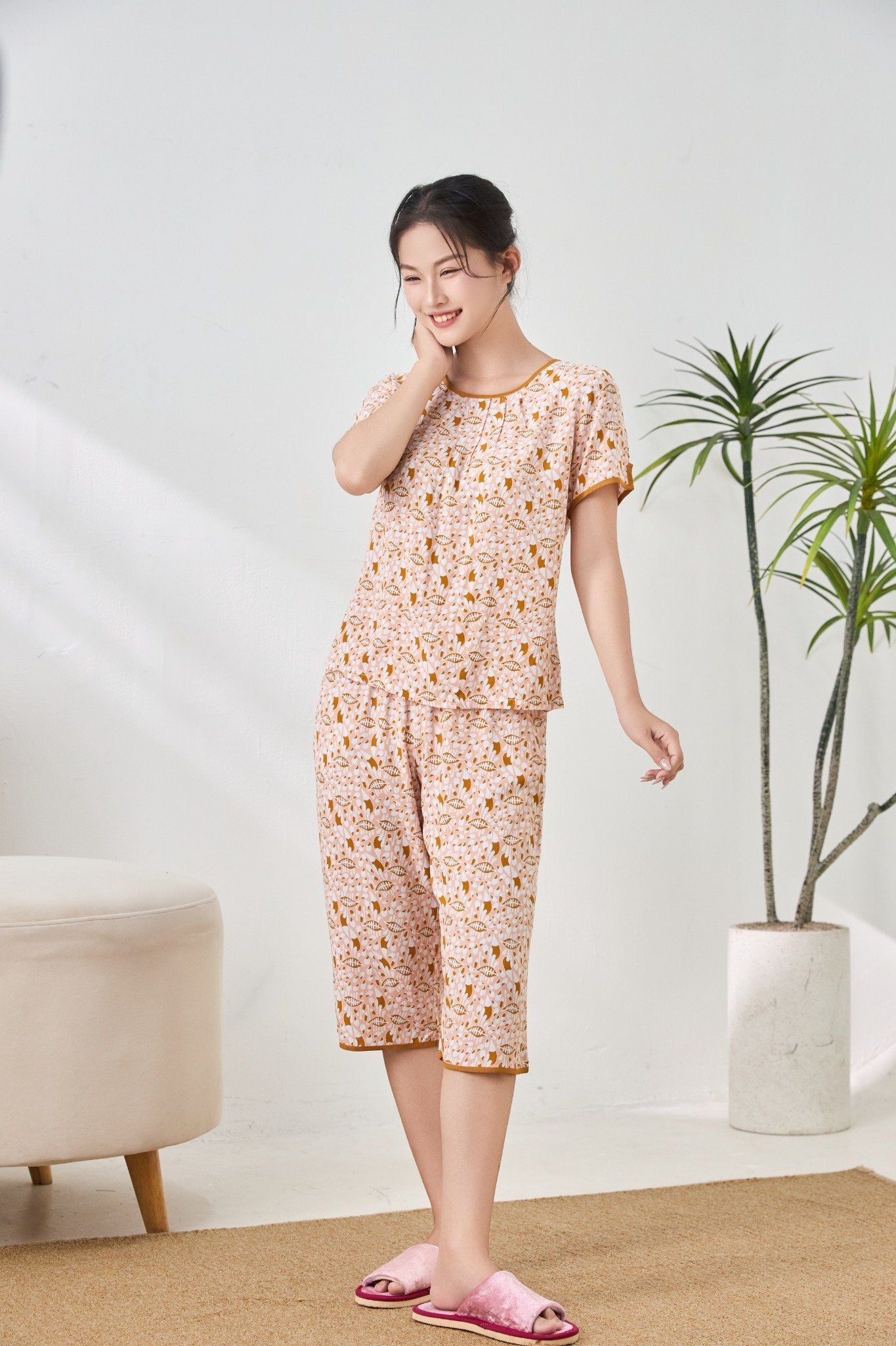 A441142501 - Bộ lửng mặc nhà Ailai chất lanh hoa mềm mại, thoáng mát