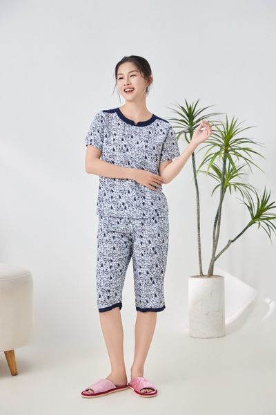 A441142502 - Bộ lửng mặc nhà Ailai cổ tròn xẻ V chất Lanh hoa mềm mại, thoáng mát