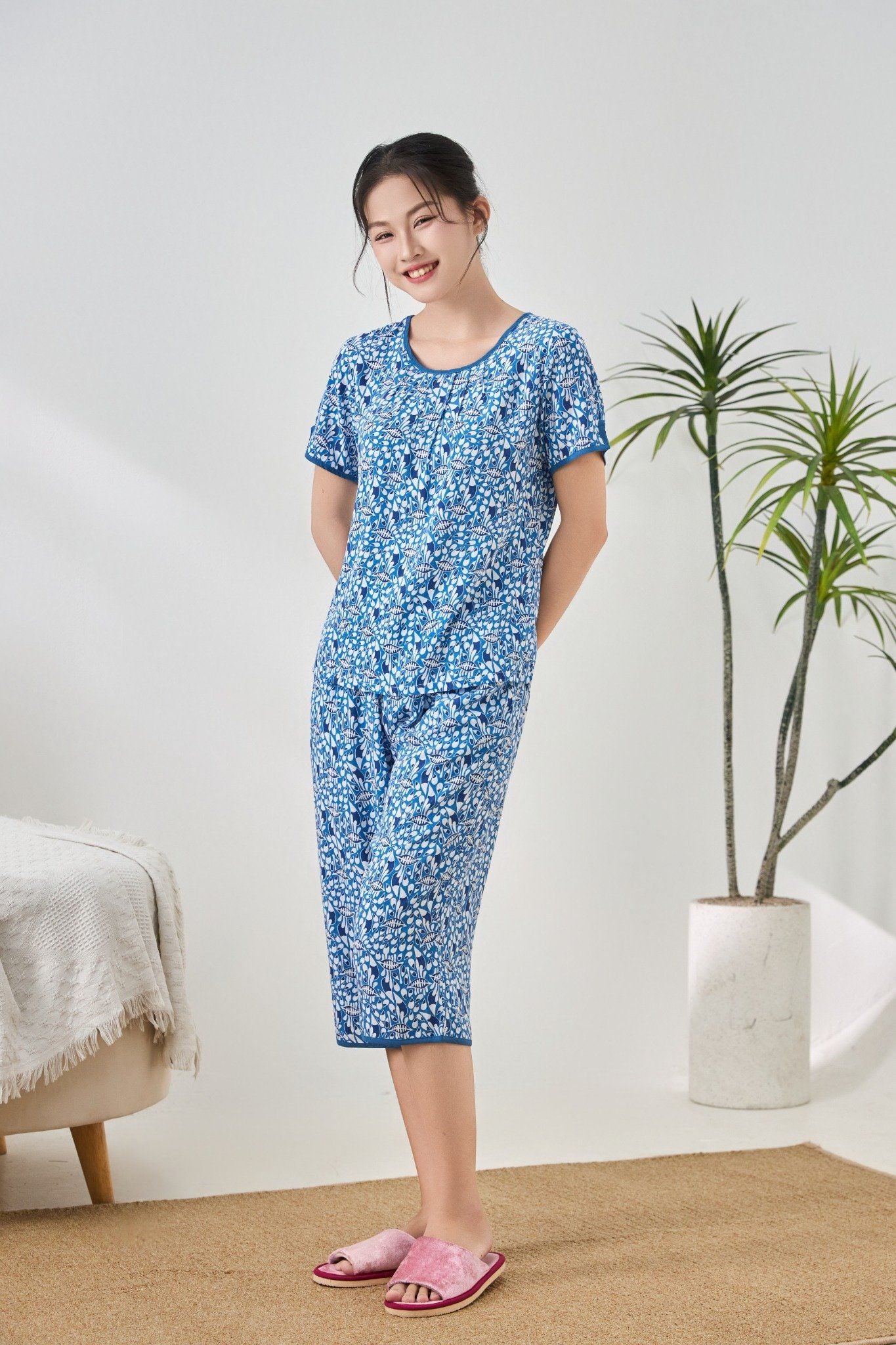 A441142501 - Bộ lửng mặc nhà Ailai chất lanh hoa mềm mại, thoáng mát