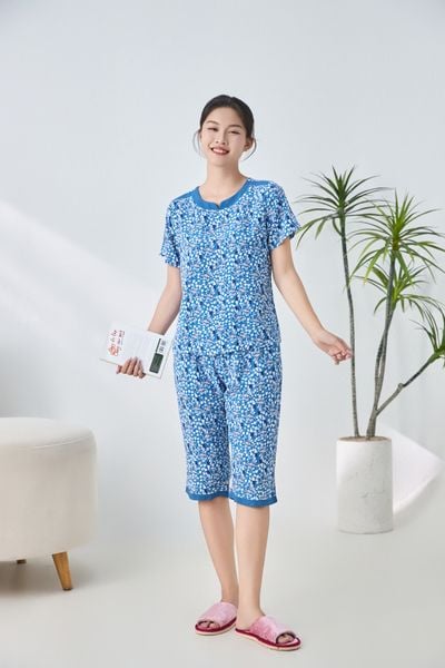 A441142502 - Bộ lửng mặc nhà Ailai cổ tròn xẻ V chất Lanh hoa mềm mại, thoáng mát