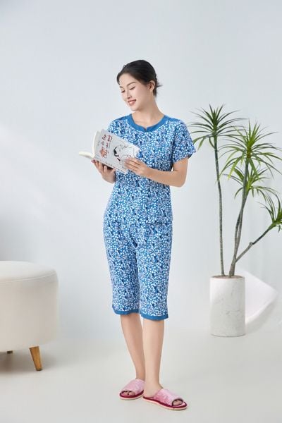 A441142502 - Bộ lửng mặc nhà Ailai cổ tròn xẻ V chất Lanh hoa mềm mại, thoáng mát