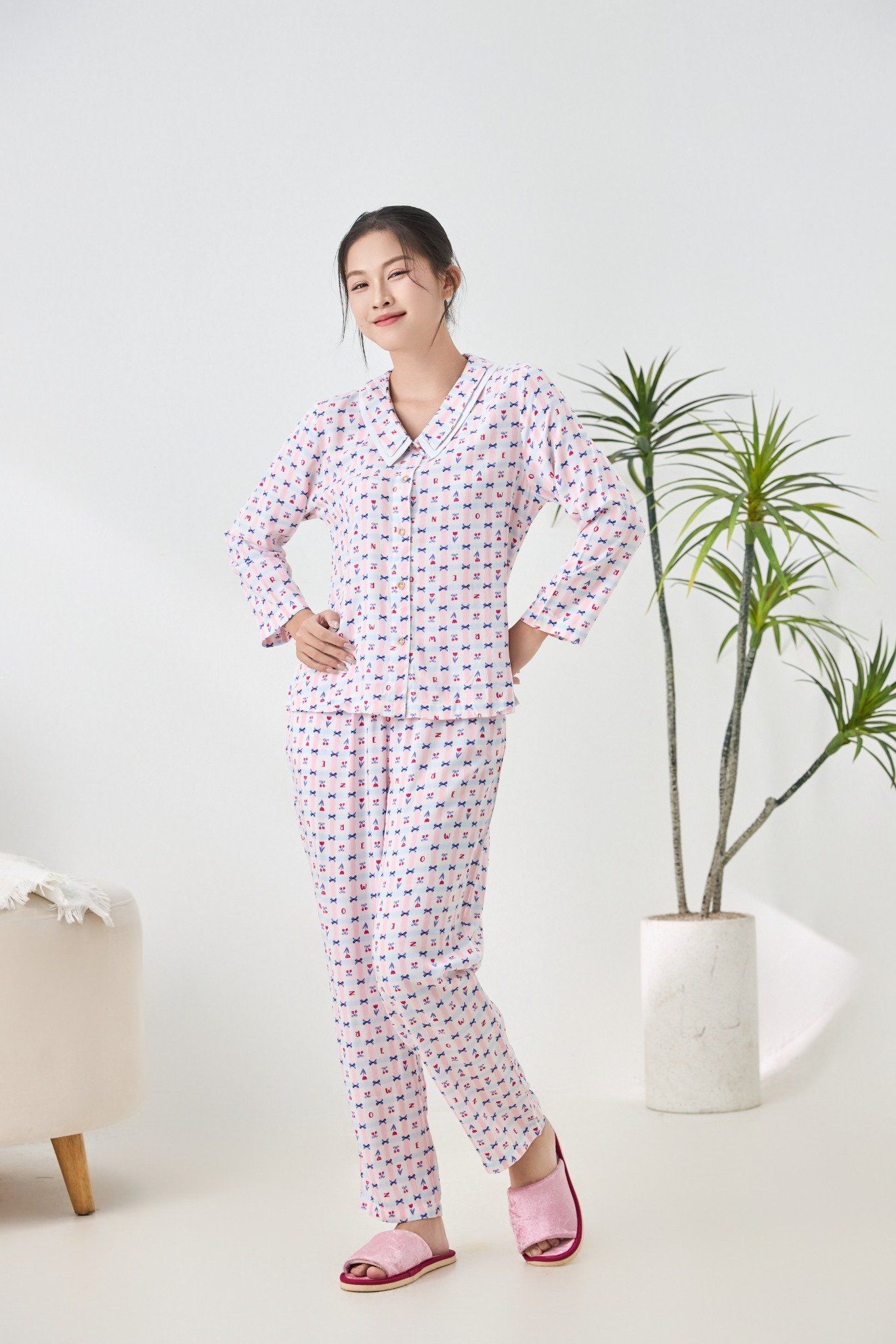 A451142513 - Bộ dài mặc nhà Ailai Lanh hoa cổ sen 2 lớp thoáng mát, mềm mại