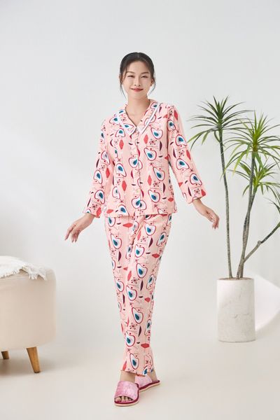 A451142513 - Bộ dài mặc nhà Ailai Lanh hoa cổ sen 2 lớp thoáng mát, mềm mại