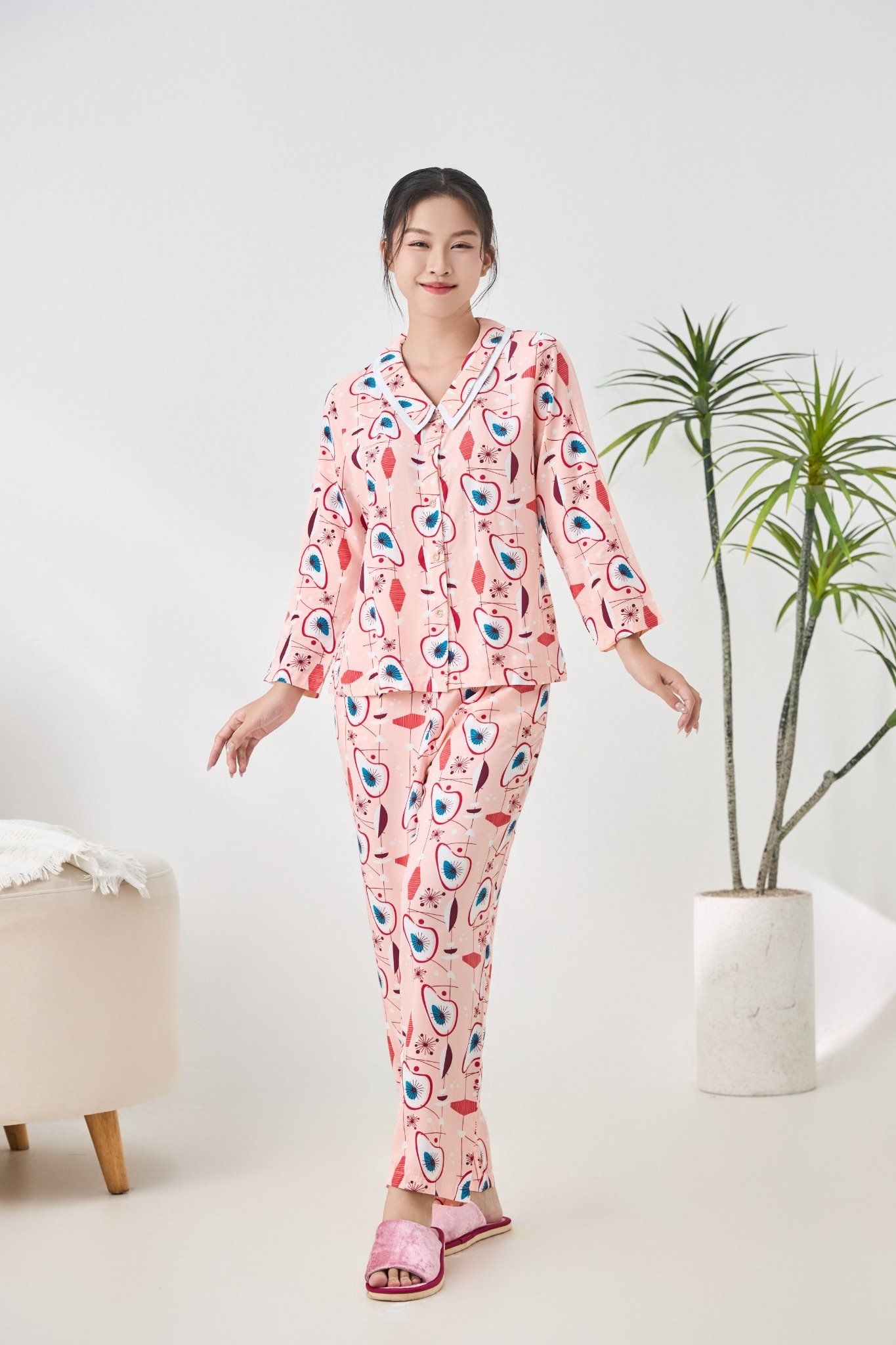 A451142513 - Bộ dài mặc nhà Ailai Lanh hoa cổ sen 2 lớp thoáng mát, mềm mại