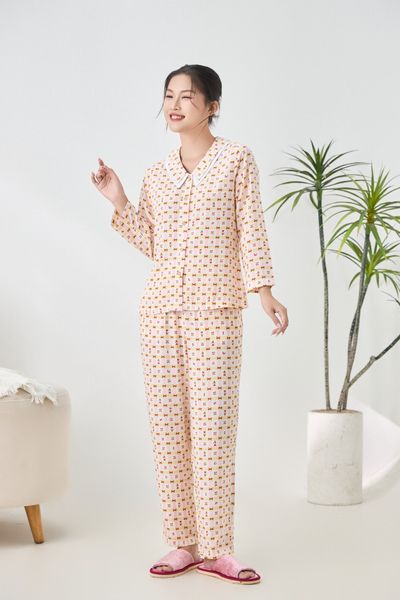 A451142513 - Bộ dài mặc nhà Ailai Lanh hoa cổ sen 2 lớp thoáng mát, mềm mại