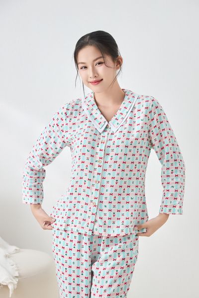 A451142513 - Bộ dài mặc nhà Ailai Lanh hoa cổ sen 2 lớp thoáng mát, mềm mại