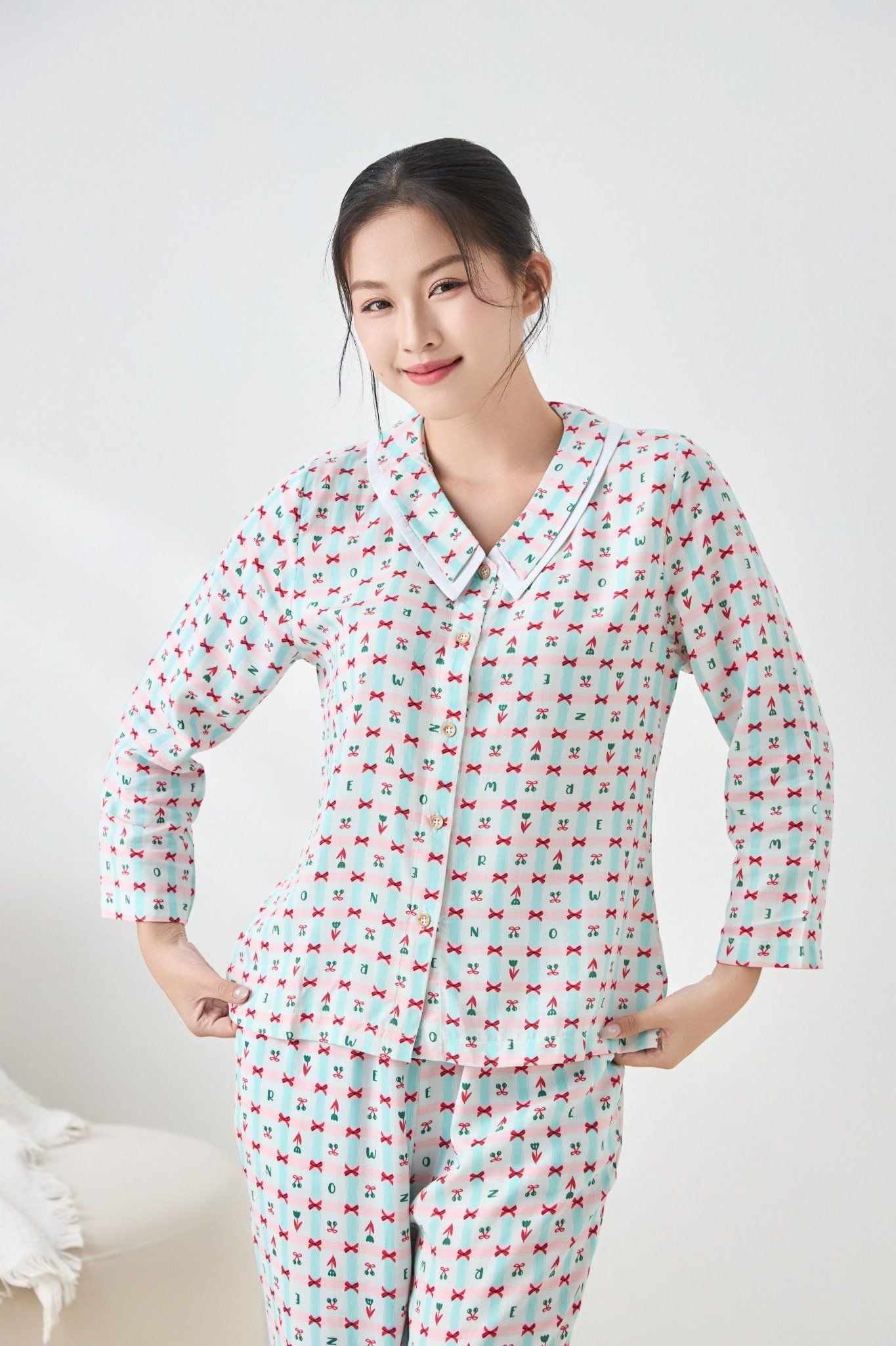 A451142513 - Bộ dài mặc nhà Ailai Lanh hoa cổ sen 2 lớp thoáng mát, mềm mại