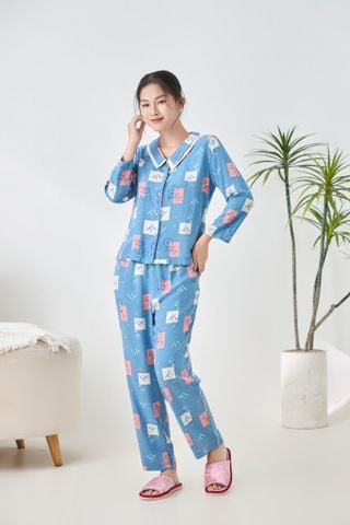 A451142513 - Bộ dài mặc nhà Ailai Lanh hoa cổ sen 2 lớp thoáng mát, mềm mại