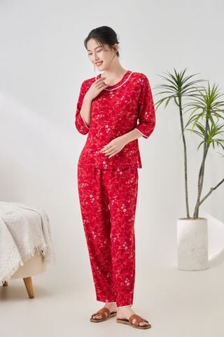 A451142514 - Bộ dài mặc nhà tay lỡ cổ tim viền Lanh hoa mềm mại, thoáng mát