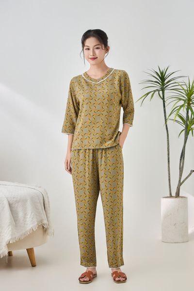 A451142514 - Bộ dài mặc nhà tay lỡ cổ tim viền Lanh hoa mềm mại, thoáng mát