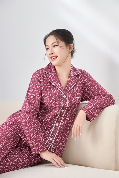 A45212515 - Bộ Pijama dài tay cao cấp Ailai cotton hoa viền đôi