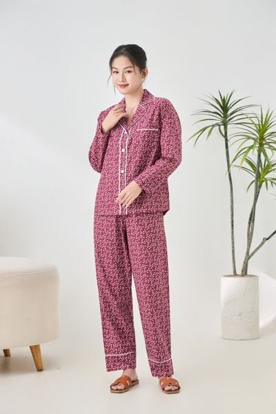 A45212515 - Bộ Pijama dài tay cao cấp Ailai cotton hoa viền đôi