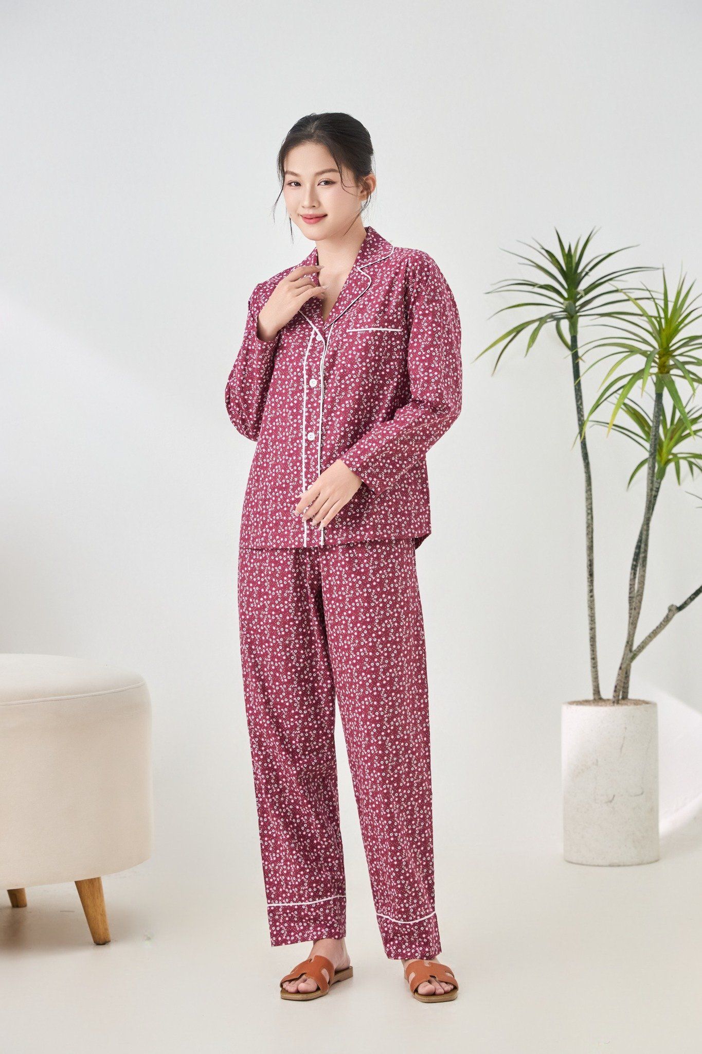 A45212515 - Bộ Pijama dài tay cao cấp Ailai cotton hoa viền đôi
