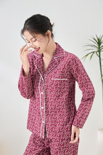 A45212515 - Bộ Pijama dài tay cao cấp Ailai cotton hoa viền đôi
