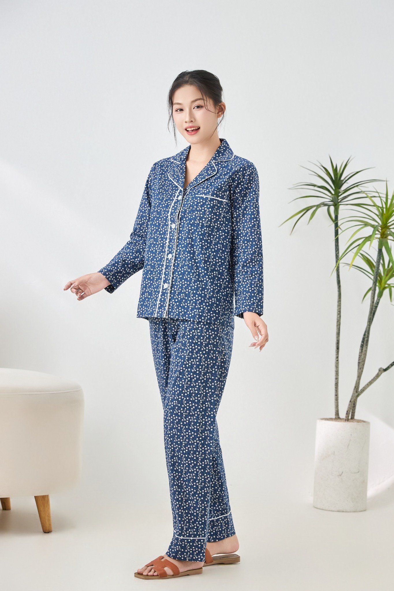 A45212515 - Bộ Pijama dài tay cao cấp Ailai cotton hoa viền đôi