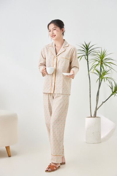A45212515 - Bộ Pijama dài tay cao cấp Ailai cotton hoa viền đôi