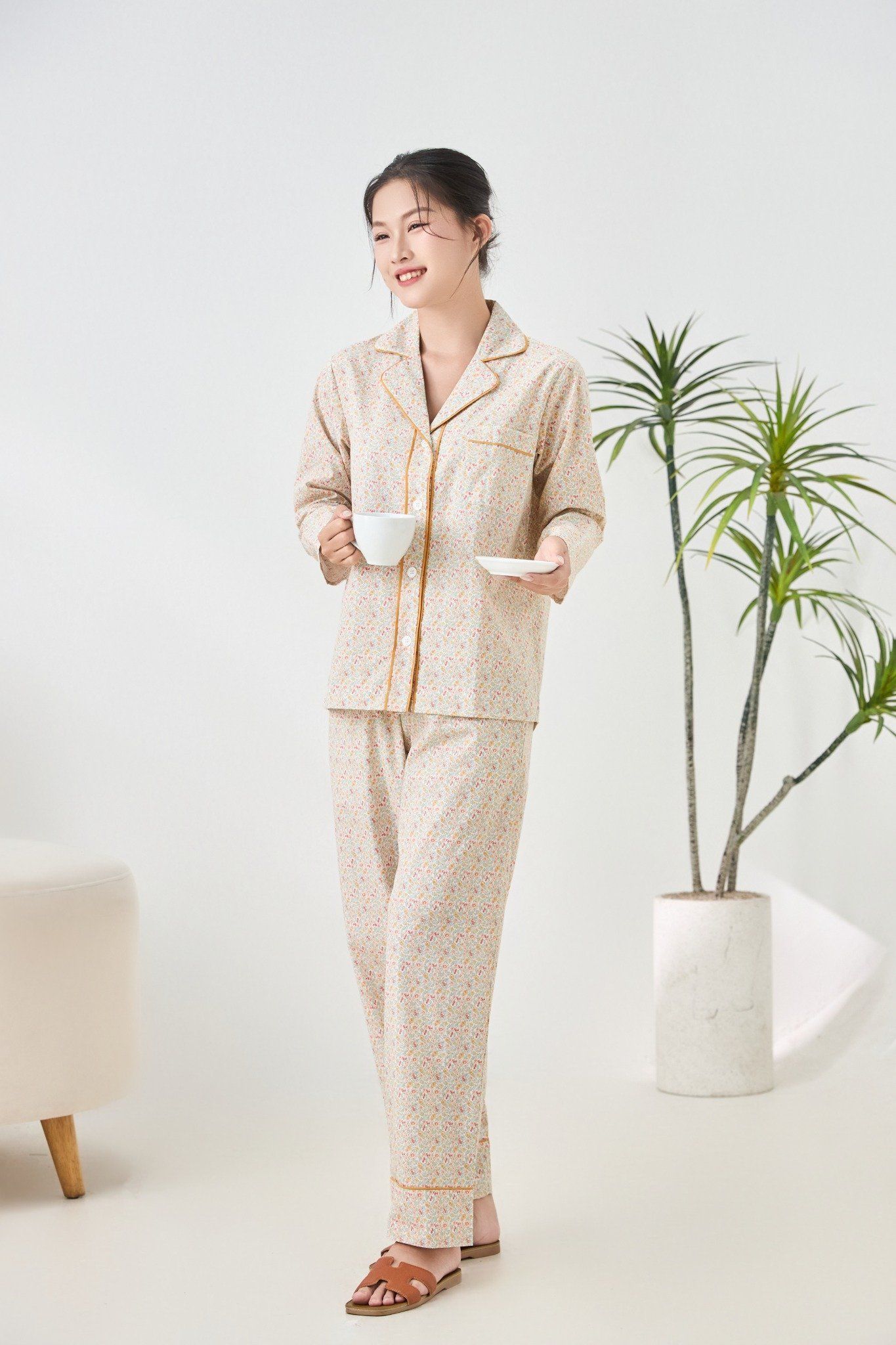 A45212515 - Bộ Pijama dài tay cao cấp Ailai cotton hoa viền đôi